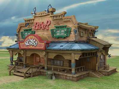 Cartoon Scene of Western Style Bar with Wooden Building Green Windows and Blue Roof 3d model