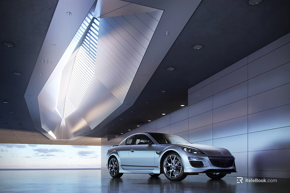 Modern Exhibition Hall Featuring Silver Car With Geometric Ceiling Lighting Gray Walls And Smooth Floor 3d model 