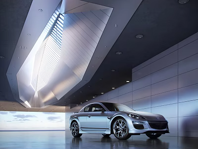 Modern Exhibition Hall Featuring Silver Car With Geometric Ceiling Lighting Gray Walls And Smooth Floor 3d model