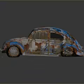 Vintage Volkswagen Beetle With Rusted Blue And Red Exterior On Gray Background