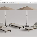 Outdoor Lounge Chairs with Wooden Frames Cushions Pillows and Sunshade Umbrellas