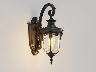 Classic Black Metal Wall Light With Ornate Carved Design Glass Shade Illuminated On White Wall 3d model