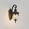 Classic Black Metal Wall Light With Ornate Carved Design Glass Shade Illuminated On White Wall