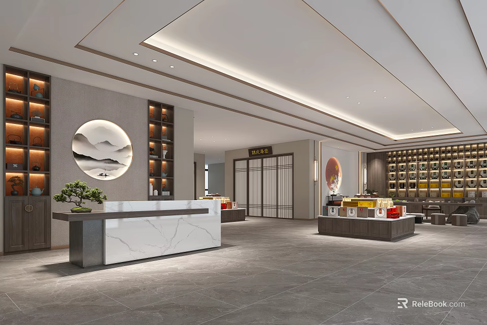 Modern Specialty Store Interior Design With Marble Reception Counter And Display Shelves 3d model 