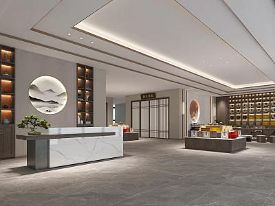 Modern Specialty Store Interior Design With Marble Reception Counter And Display Shelves 3d model