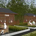 Wooden House in Bamboo Grove with Green Grass Lawn and White Picket Fence