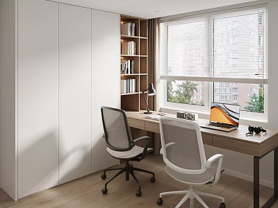 Modern Study Room Interior With Writing Desk Office Chairs Bookshelf And Window 3d model