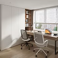Modern Study Room Interior With Writing Desk Office Chairs Bookshelf And Window