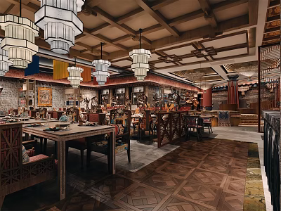Traditional Restaurant Interior With Wooden Ceiling Chandeliers Dining Tables And Patterned Floor 3d model