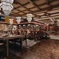Traditional Restaurant Interior With Wooden Ceiling Chandeliers Dining Tables And Patterned Floor