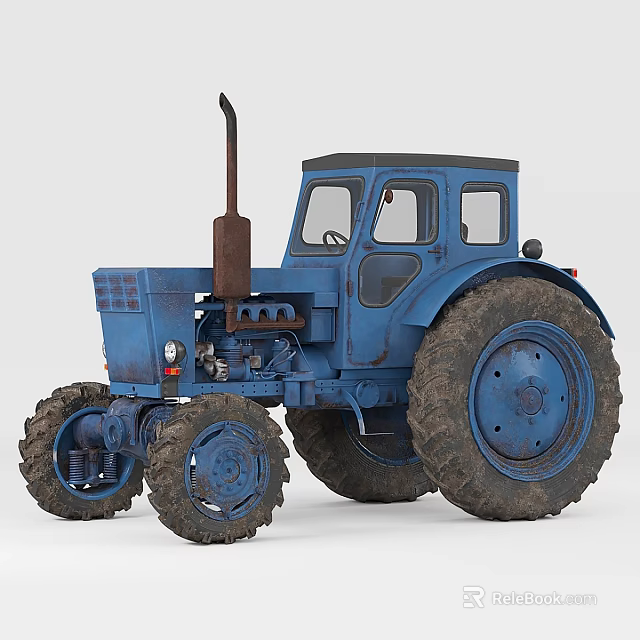 Vintage Blue Tractor With Large Wheels Exhaust Pipe And Worn Mechanical Parts 3d model 