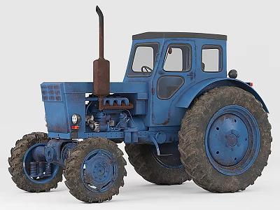 Vintage Blue Tractor With Large Wheels Exhaust Pipe And Worn Mechanical Parts 3d model