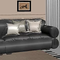 Gray Sofa With Various Style Pillows Background Wall Painting And Curtains