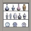 Decorative Ceramic Vases with Blue White Patterns Displayed on Three Tiered Shelves 3d model