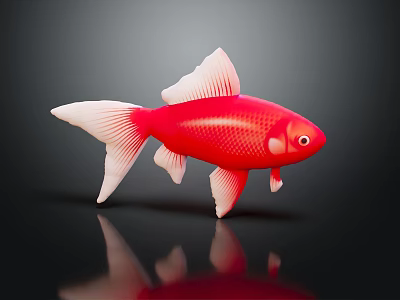 Red Goldfish with White Fins and Tail on Black Background with Clear Reflection 3d model