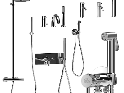 Modern Bathroom Faucet And Shower Fixtures With Chrome Metal Finish And Different Styles 3d model