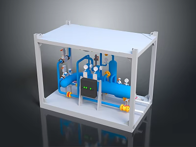 Industrial Equipment Unit With Metal Frame Blue Pipes Valves And Control Panel 3d model
