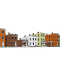 Colorful Row Houses With Various Exterior Colors In Urban Residential Area