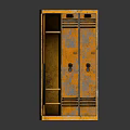 Vintage Yellow Metal Entryway Side Cabinet With Open Door And Interior Storage Shelves