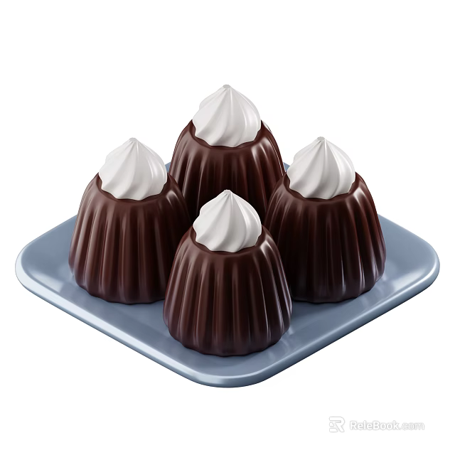 Four Tasty Chocolate Desserts with White Cream Topping on Blue Plate 3d model 