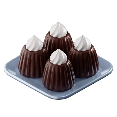 Four Tasty Chocolate Desserts with White Cream Topping on Blue Plate 3d model