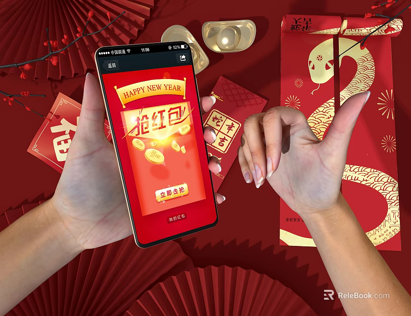 Hands Holding Smartphone Displaying Chinese New Year Red Envelopes and Golden Decorations 3d model 