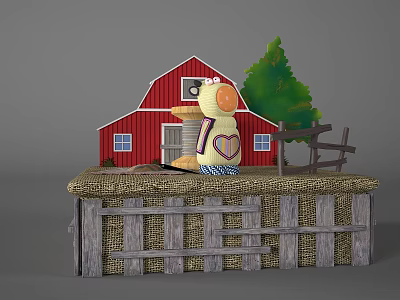 Decorative Ornament Set with Red Barn Scarecrow Green Tree Wooden Fence and Burlap Base 3d model