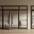 Glass Double Doors With Black Frame In Modern Interior With Large Windows And Wooden Floor