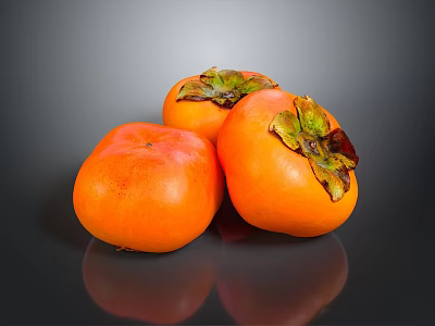 Three Fresh Ripe Orange Persimmons With Green Leaves As Daily Living Supplies 3d model