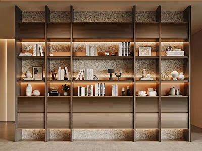 Stylish Wooden Bookshelf With Layered Design Books Decorative Vases And Built In LED Lighting 3d model