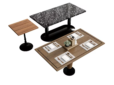 Wooden Dining Table With Place Settings Small Plant Black Countertop And Side Table 3d model