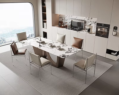 Modern Restaurant Dining Area With Marble Tabletop Chairs Striped Rug And City View 3d model