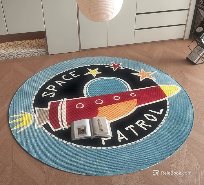 Round Area Rug with Rocket Star Design and Space Patrol Text for Kids Room 3d model 