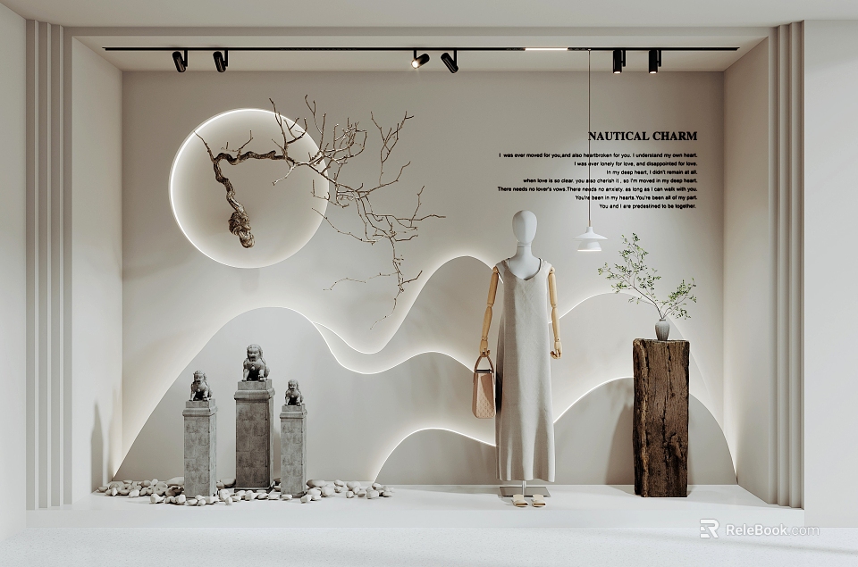 Nautical Charm Window Display with Mannequin Dress Circular Decor Branches Stone Pillars and Greenery 3d model 