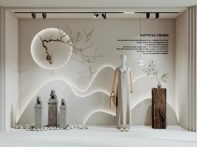 Nautical Charm Window Display with Mannequin Dress Circular Decor Branches Stone Pillars and Greenery 3d model