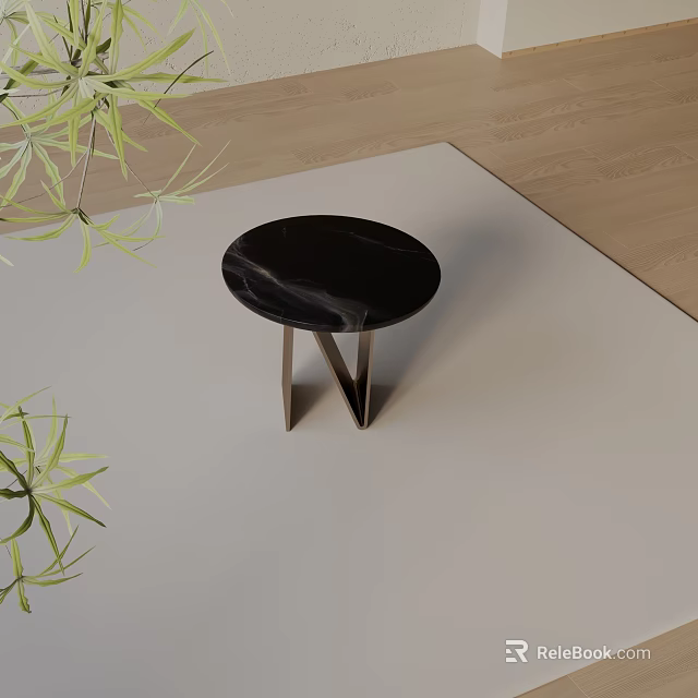 Black Marble Side Table With Metal V Base And Green Plants On Light Carpet 3d model 