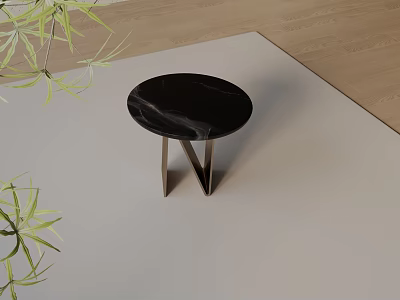 Black Marble Side Table With Metal V Base And Green Plants On Light Carpet 3d model
