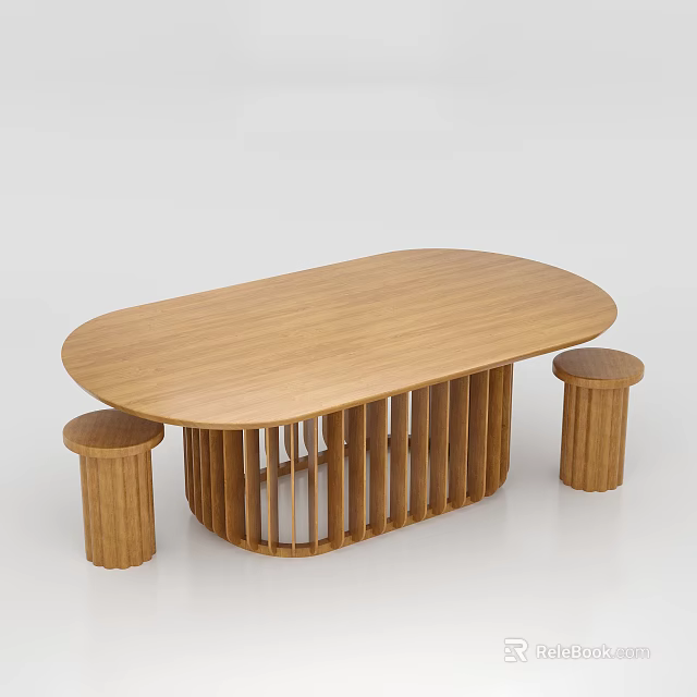 Wooden Oval Dining Table Set With Slatted Legs And Two Round Stools 3d model