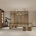 Chinese Style Interior With Landscape Screen Wooden Storage And Seats