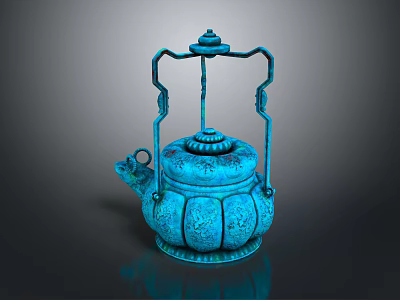 Turquoise Traditional Teapot With Petal Shaped Patterns And Carry Handle Design 3d model