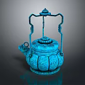 Turquoise Traditional Teapot With Petal Shaped Patterns And Carry Handle Design