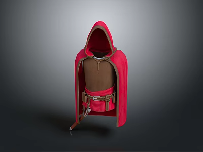 Red Hooded Cloak As Daily Living Essential With Brown Lining Belt And Small Pouch 3d model