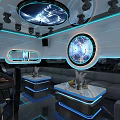 Modern Tech KTV Interior Design With Blue Lighting Circular Screens Gray Sofas And Marble Tables 3d model
