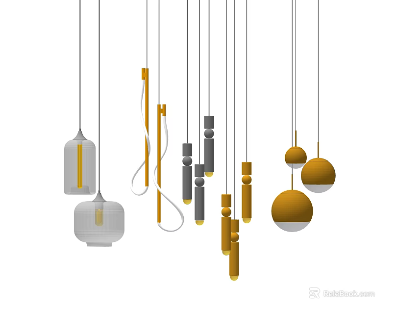 Modern Pendant Lights With Various Geometric Shapes Gold Gray And White Hanging Designs 3d model 