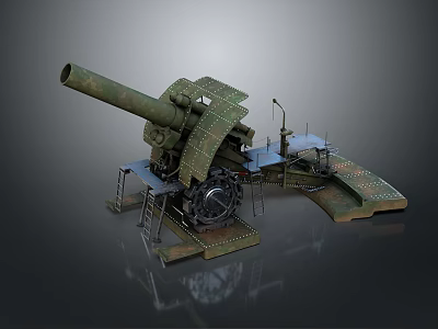 Detailed Vintage Large Artillery Cannon With Metal Structure Platform And Base 3d model