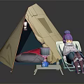 Beige Camping Tent With Folding Chair Gas Stove Sleeping Bag And Person Resting Outdoors