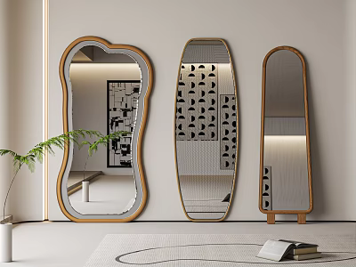 Modern Mirrors With Unique Frames In Stylish Interior Featuring Wall Art And Green Plant 3d model