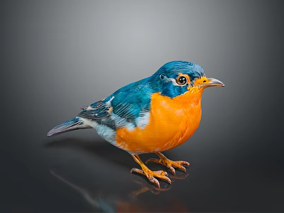 Colorful Bird with Blue Head and Orange Belly Standing on Smooth Surface Against Dark Background 3d model