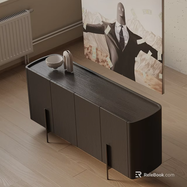 Modern Black Entryway Console Cabinet With Textured Surface Bowl Sculpture And Painting 3d model 