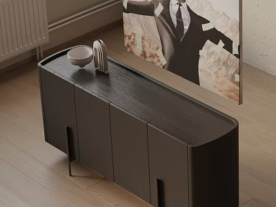 Modern Black Entryway Console Cabinet With Textured Surface Bowl Sculpture And Painting 3d model